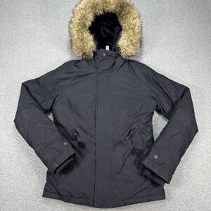 TNA Aritzia Vail Parka Jacket Womens Small Black Goose Down Faux Fur Hood Trim